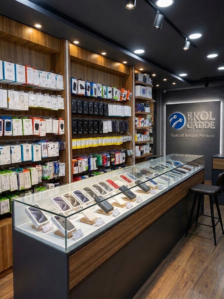 Ekol Cadde mağaza içi — telefon vitrini ve EKOL CADDE logolu duvar